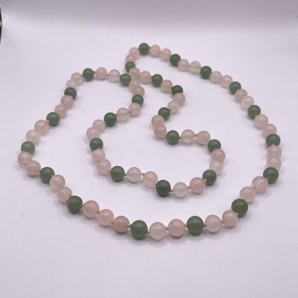 Vintage Rose Quartz Jade Hand Knotted Stone Beaded Necklace 32" Long Pink Green - Picture 3 of 8